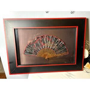 Vintage Chinese Silk “100 Fortune Fan” Framed Shadow Box Art